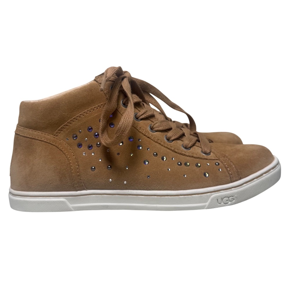 UGG Womens High Top Sneakers Tan Suede Rhinestone Size 7 Crystal Bling Cozy Y2K